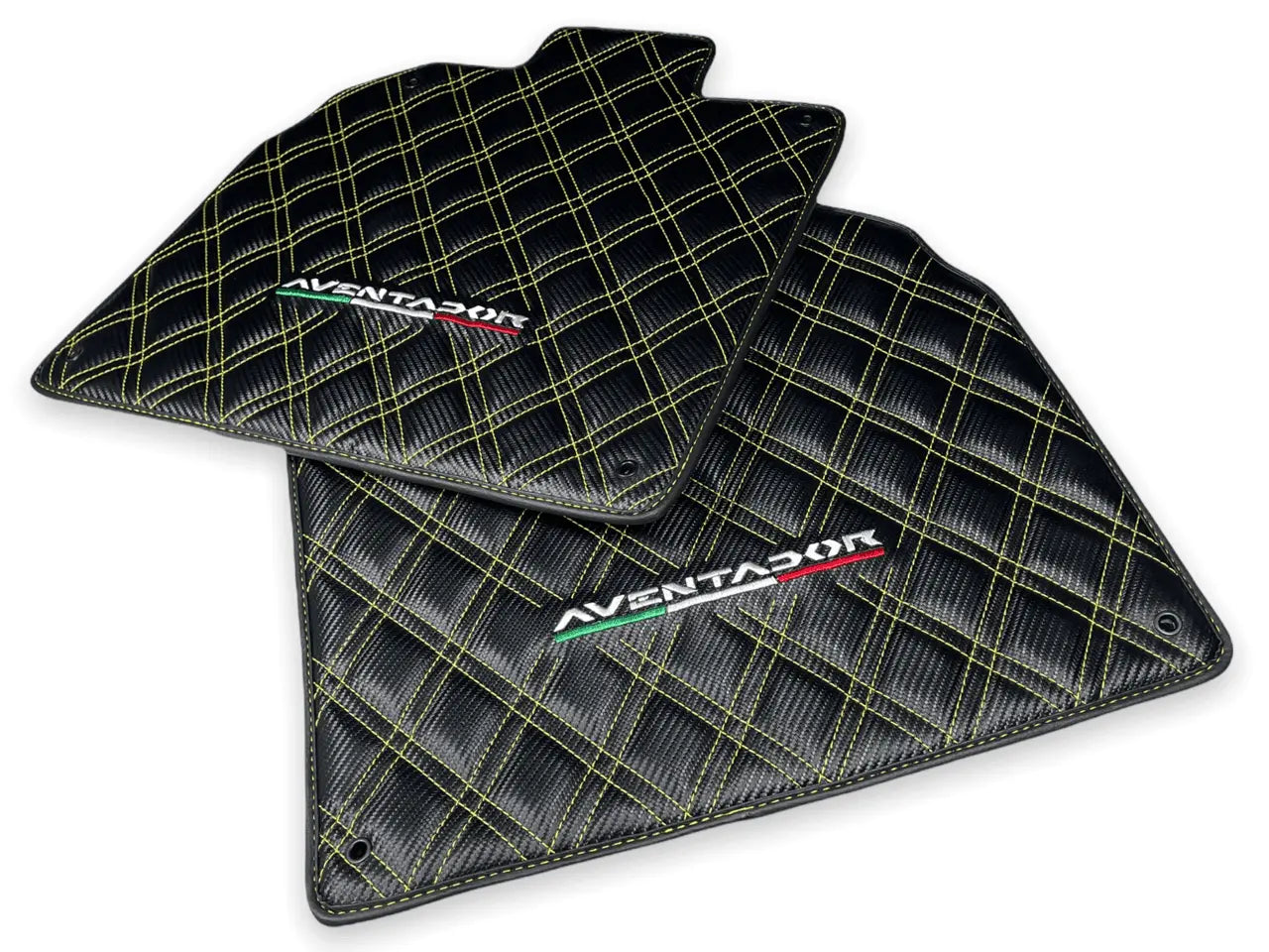 Floor Mats for Lamborghini Aventador Carbon Fiber Leather Yellow Stitching - AutoWin