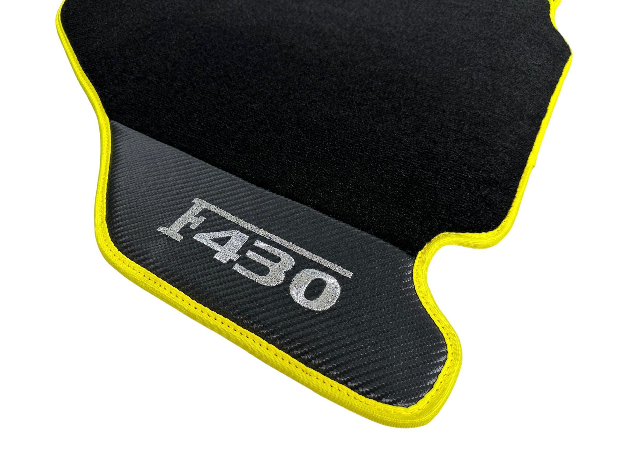 Black Floor Mats For Ferrari F430 2004-2009 With Carbon Fiber Leather Yellow Trim - AutoWin