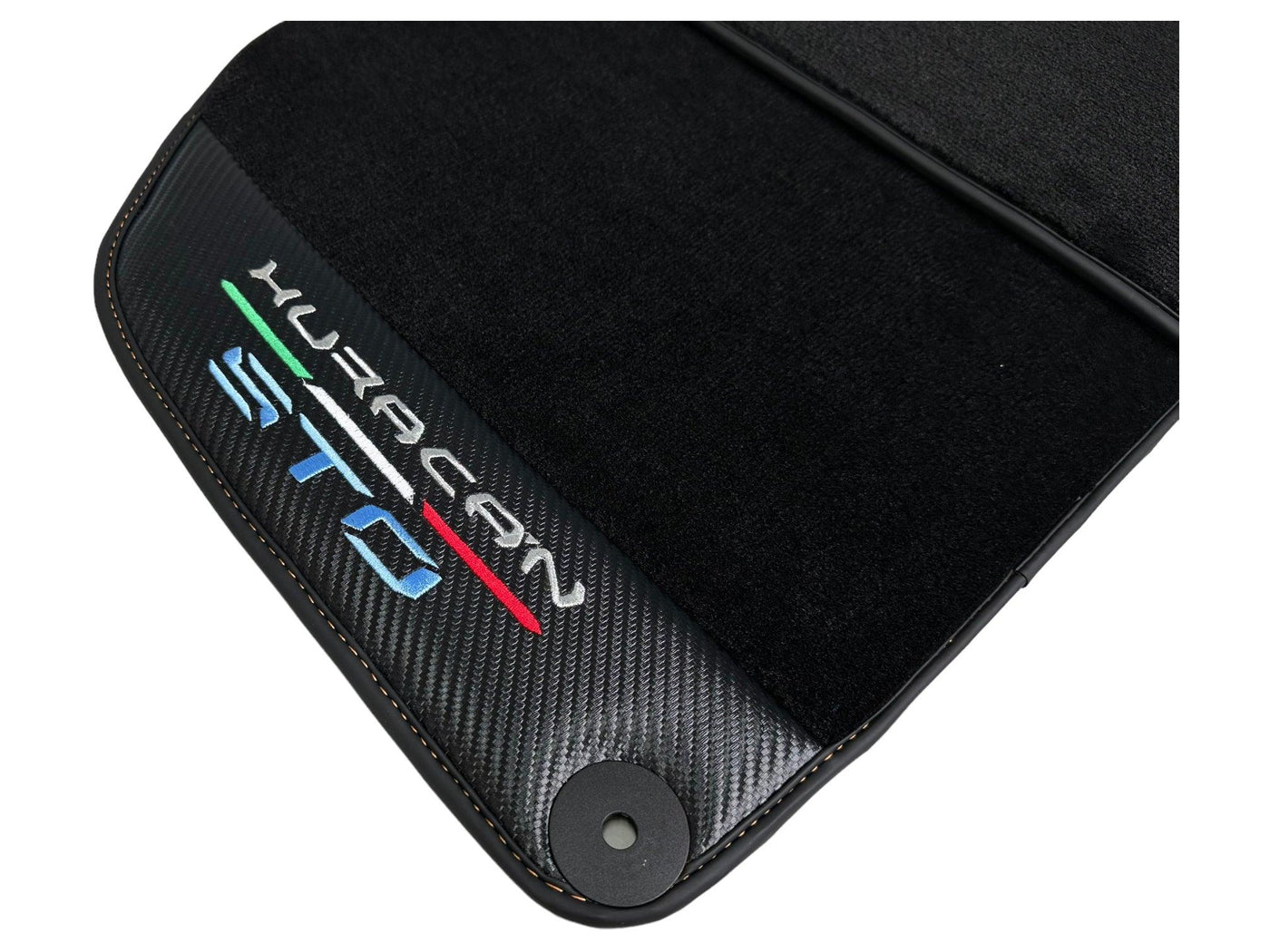 Huracan STO Black Mats: Carbon Fiber Leather & Orange Sewing