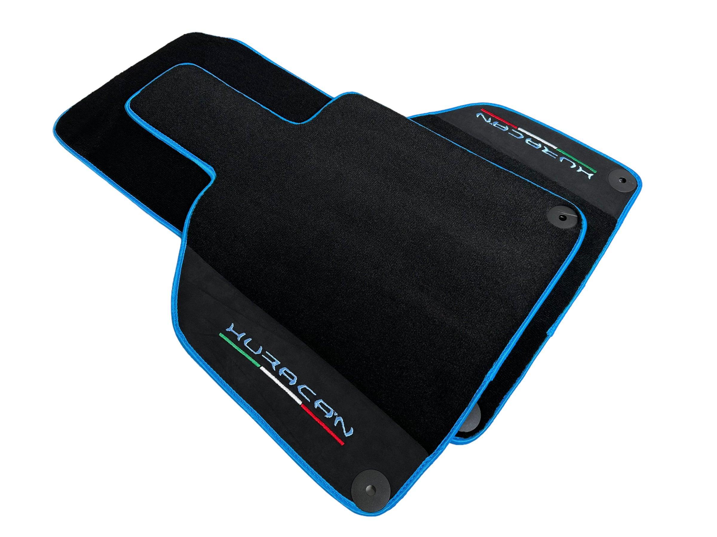 Black Floor Mats for Lamborghini Huracan With Alcantara Leather Light Blue Trim - AutoWin