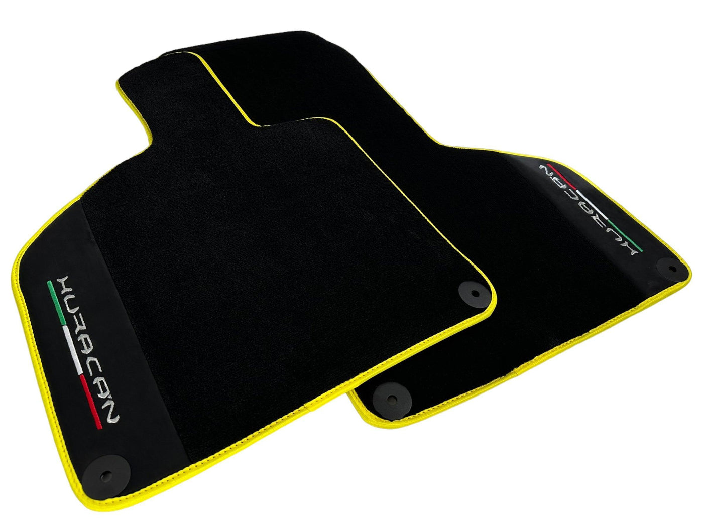 Black Floor Mats for Lamborghini Huracan With Alcantara Leather Yellow Trim - AutoWin