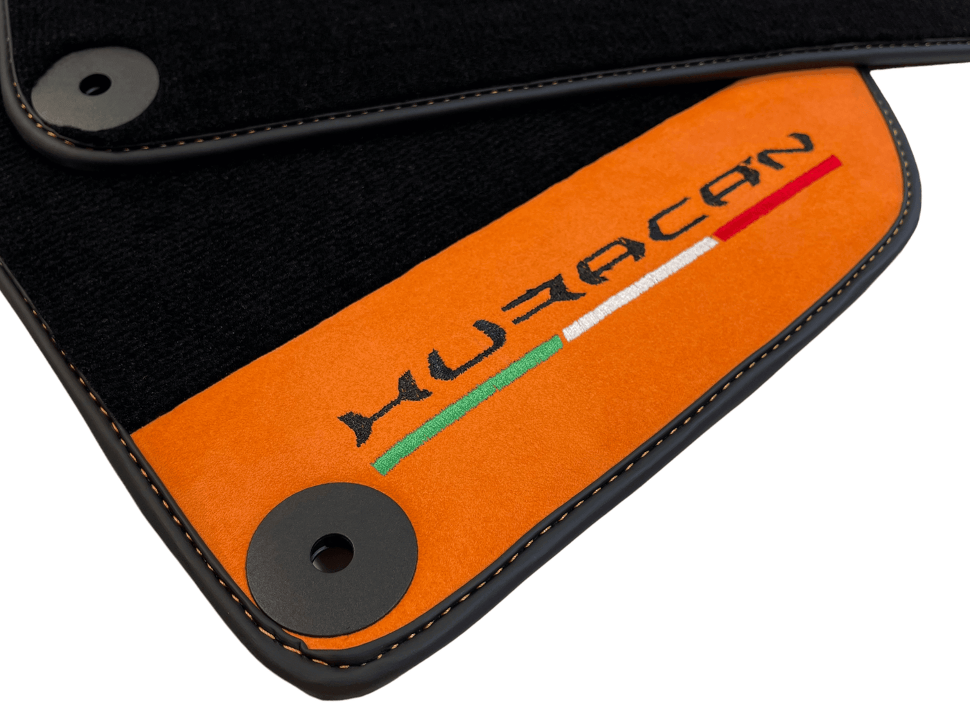 Black Floor Mats for Lamborghini Huracan with Orange Alcantara Leather - AutoWin