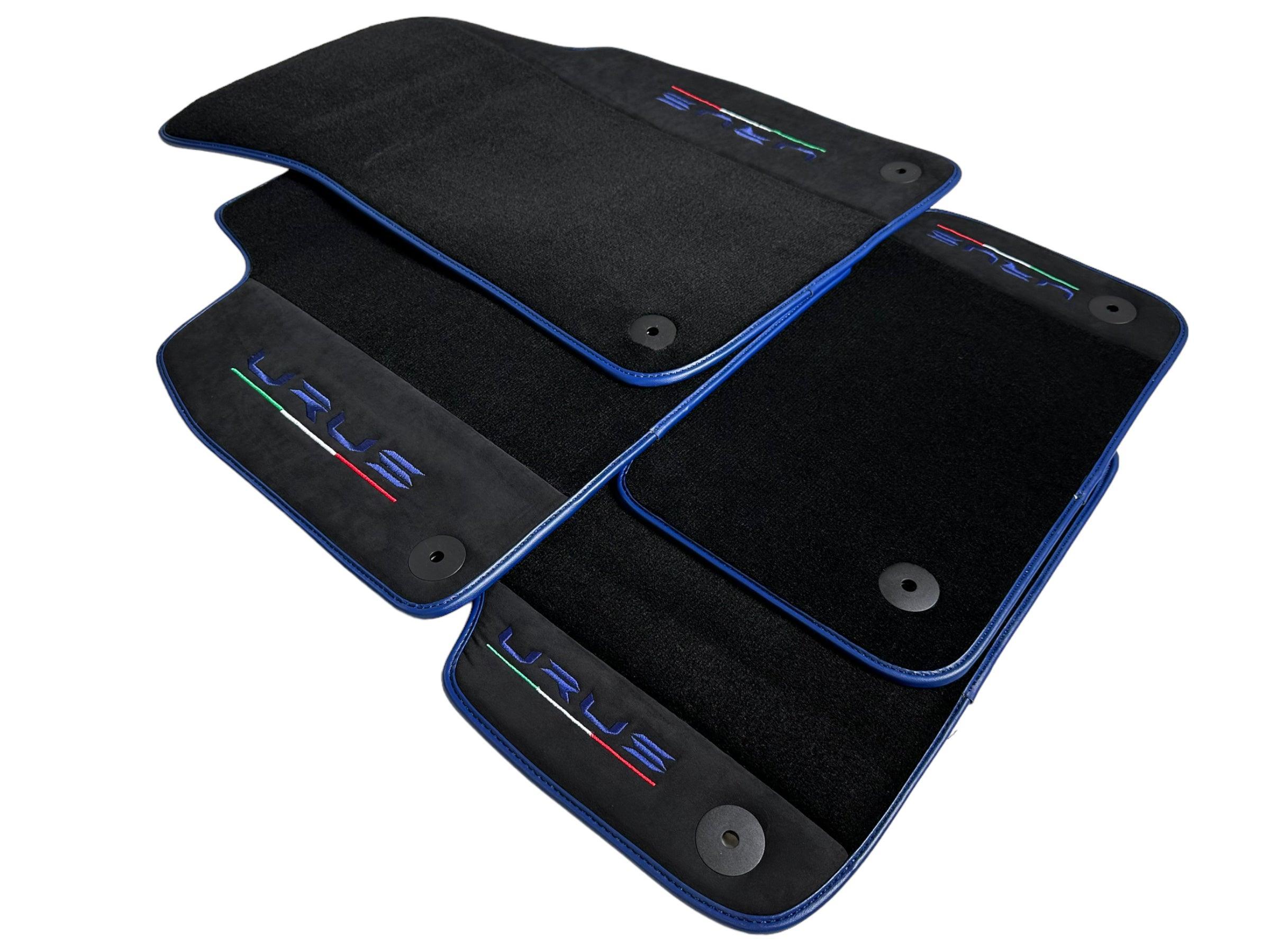 Black Floor Mats For Lamborghini Urus With Alcantara Leather Dark Blue Trim - AutoWin