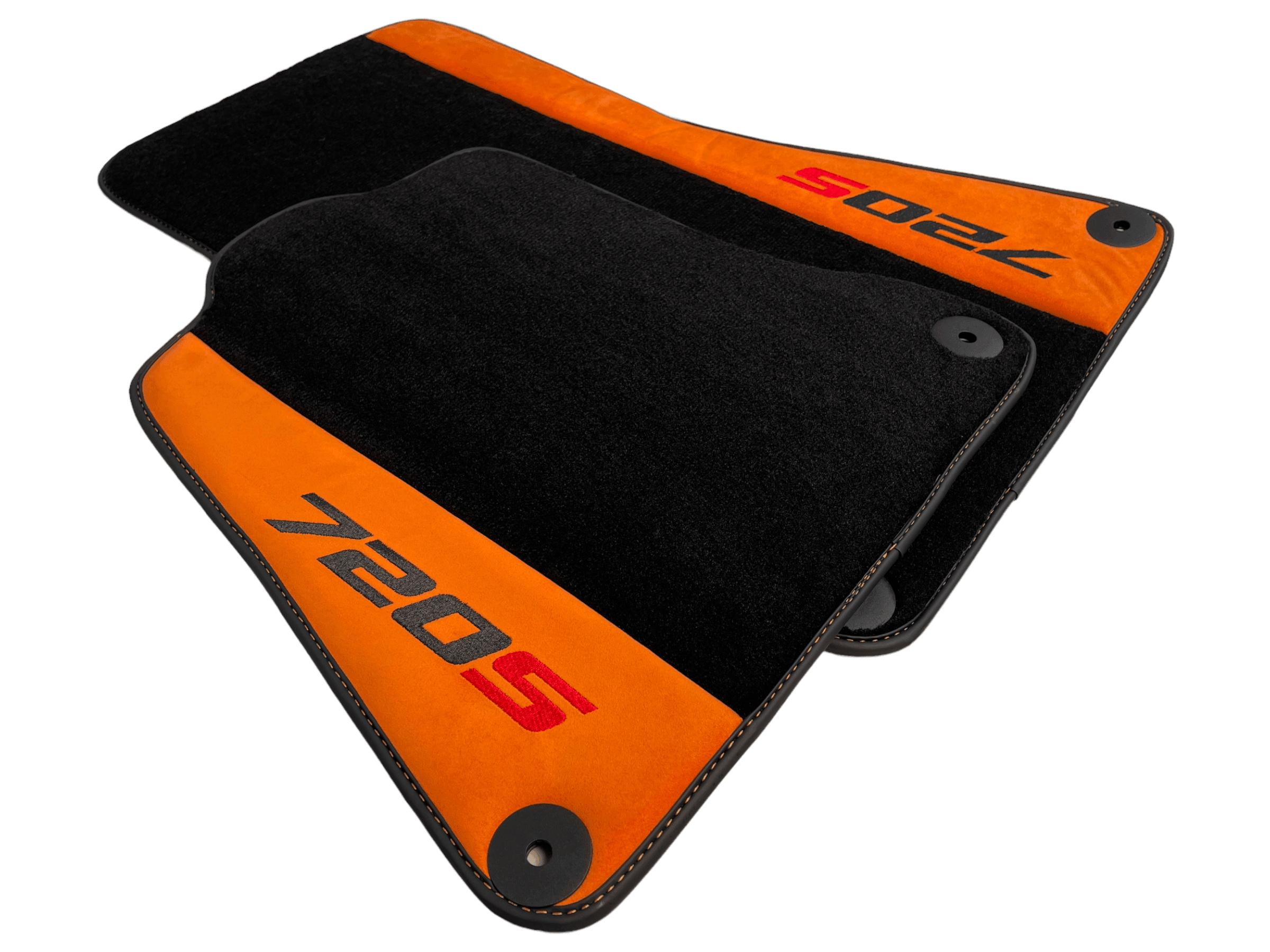 Black Floor Mats For McLaren 720S Year 2017-2021 With Orange Alcantara Leather - AutoWin