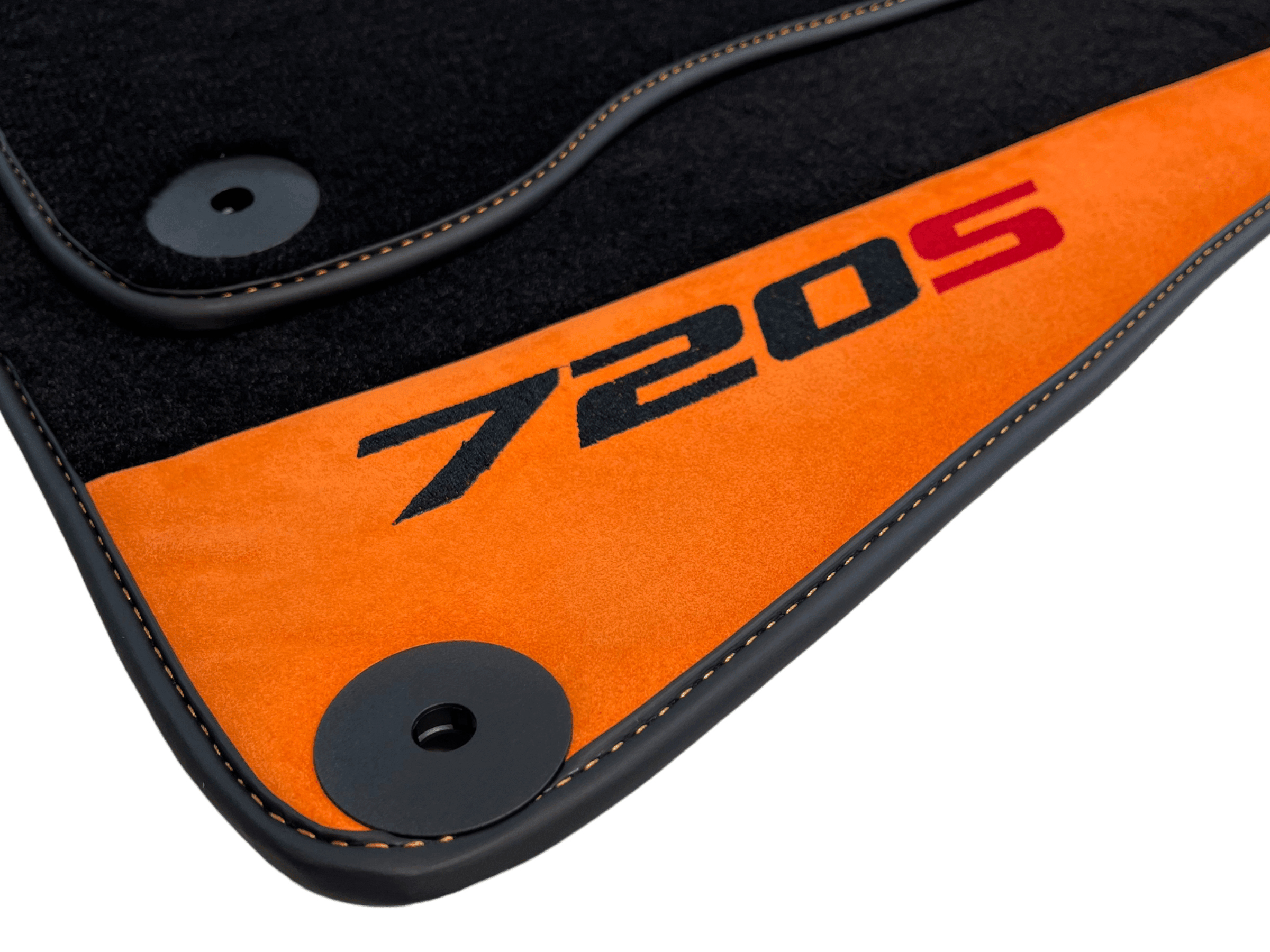 Black Floor Mats For McLaren 720S Year 2017-2021 With Orange Alcantara Leather - AutoWin