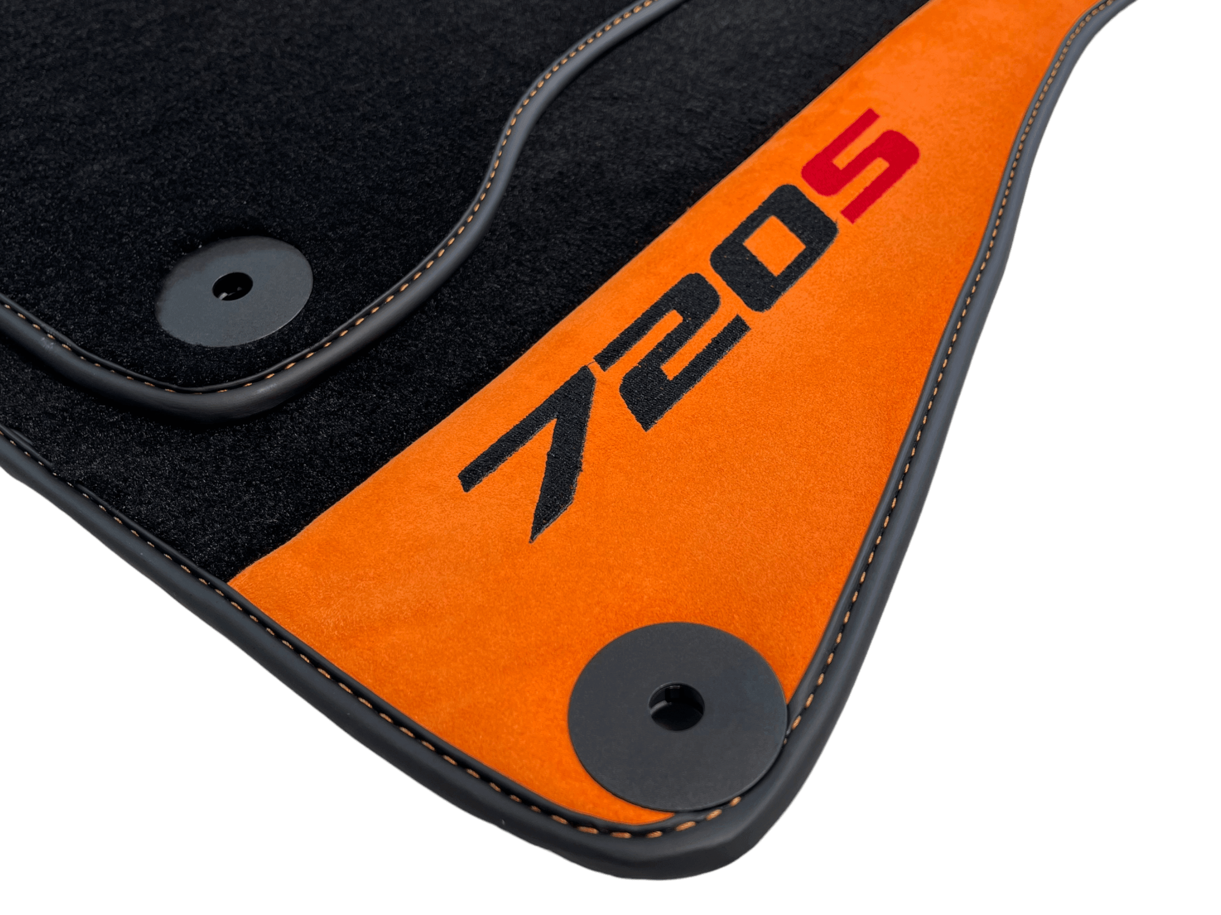 Black Floor Mats For McLaren 720S Year 2017-2021 With Orange Alcantara Leather - AutoWin