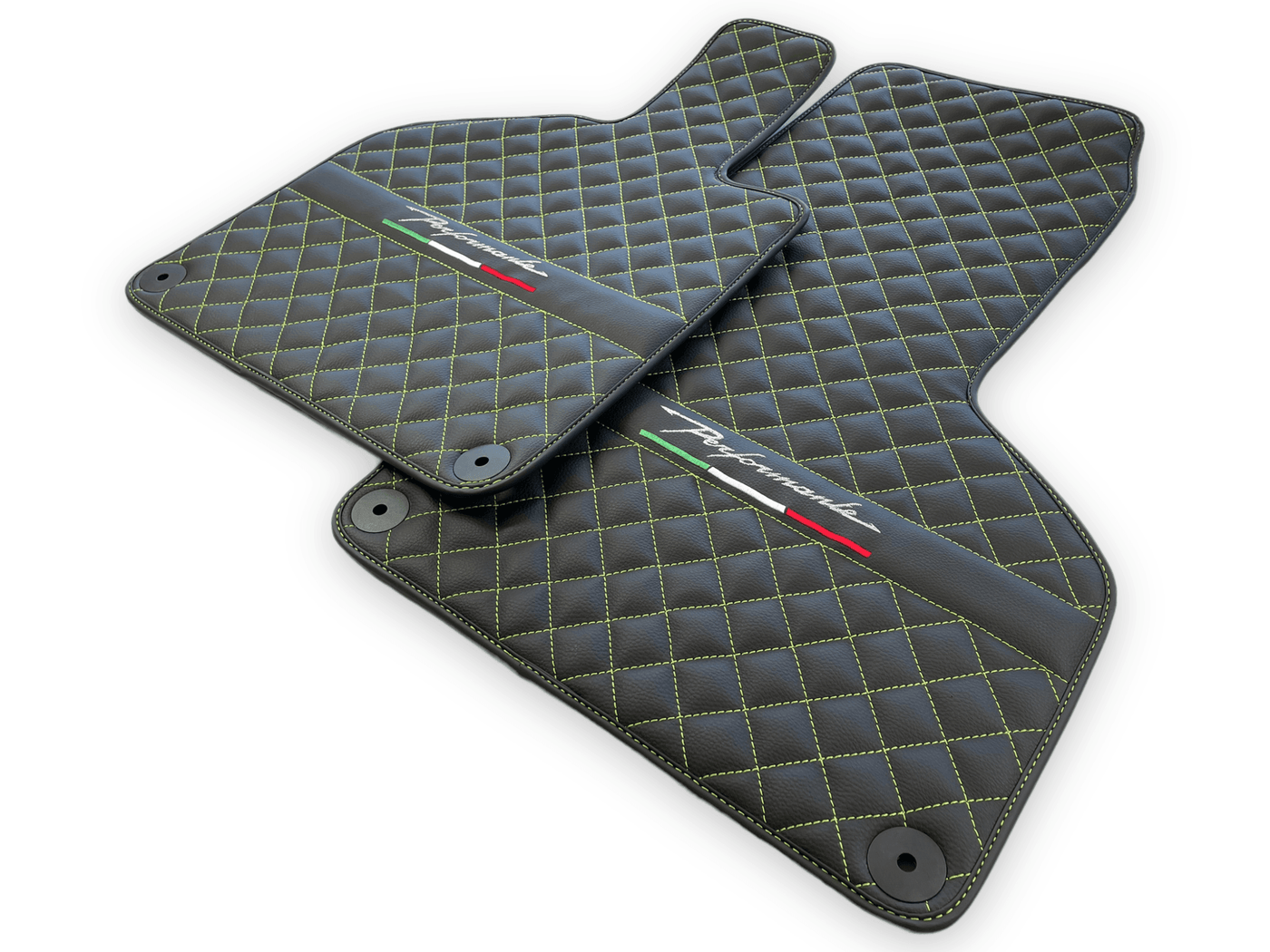 Black Leather Floor Mats for Lamborghini Huracan Perfomante | Green Stitching - AutoWin