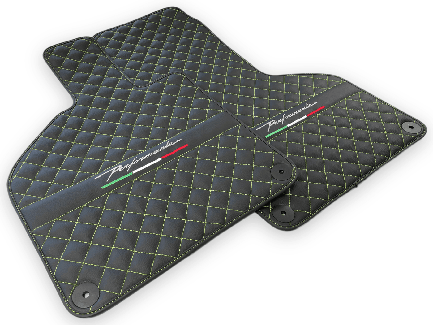 Black Leather Floor Mats for Lamborghini Huracan Perfomante | Green Stitching - AutoWin
