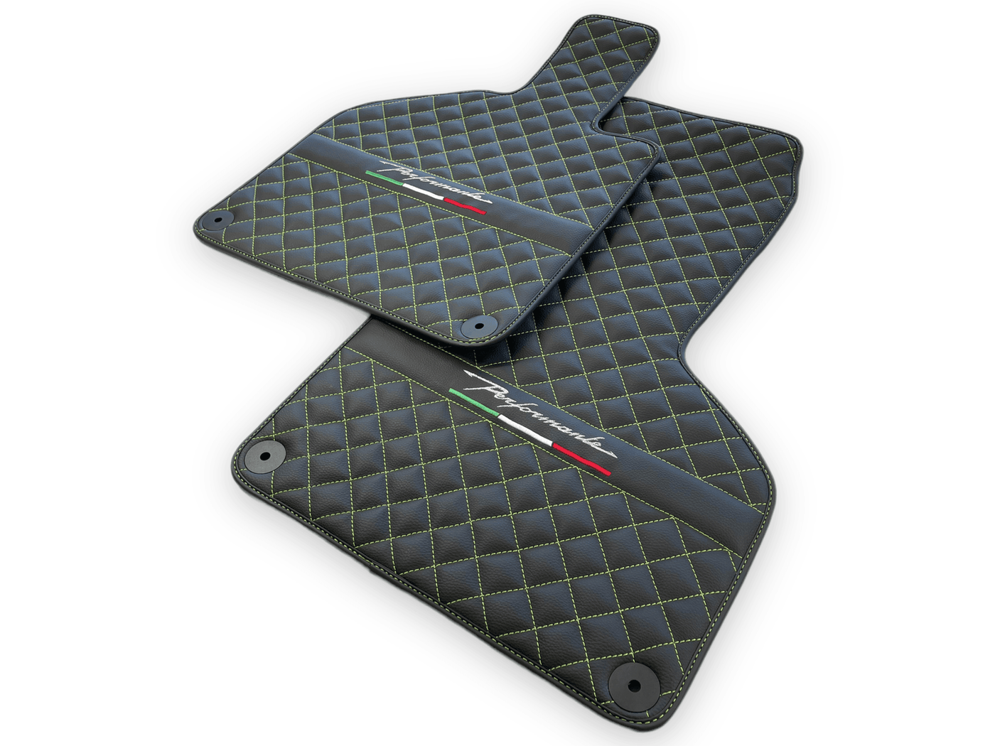 Black Leather Floor Mats for Lamborghini Huracan Perfomante | Green Stitching - AutoWin