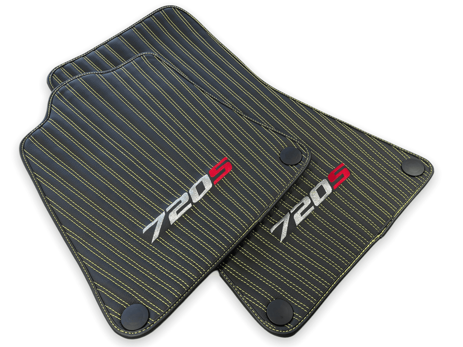 Leather Floor Mats For McLaren 720S Black Tailored Yellow Sewing - AutoWin