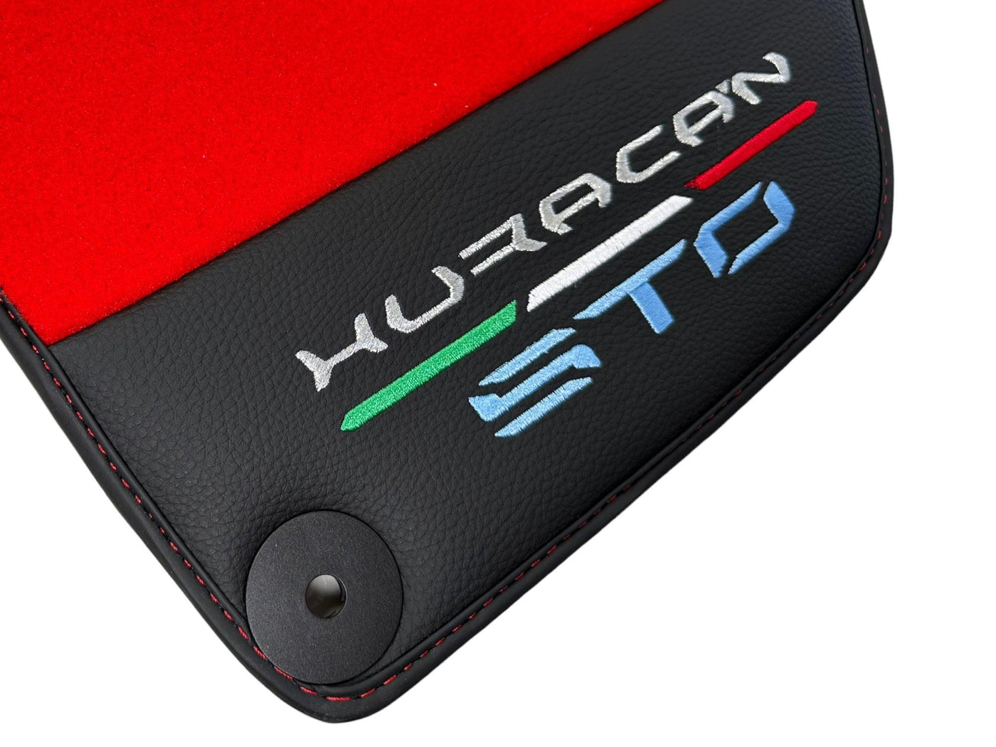 Red Floor Mats for Lamborghini Huracan STO With Black Leather Red Sewing - AutoWin