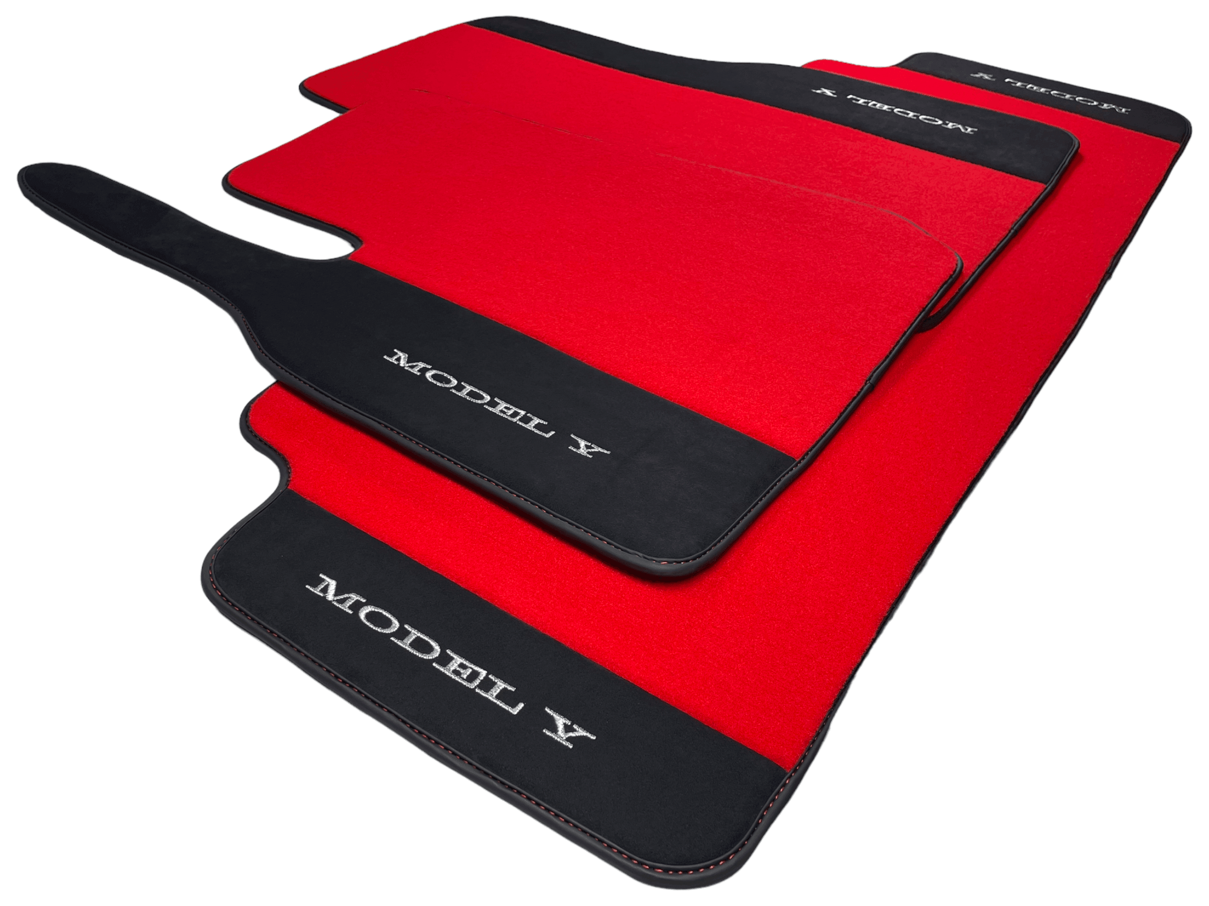 Red Floor Mats For Tesla Model Y With Alcantara Leather - AutoWin