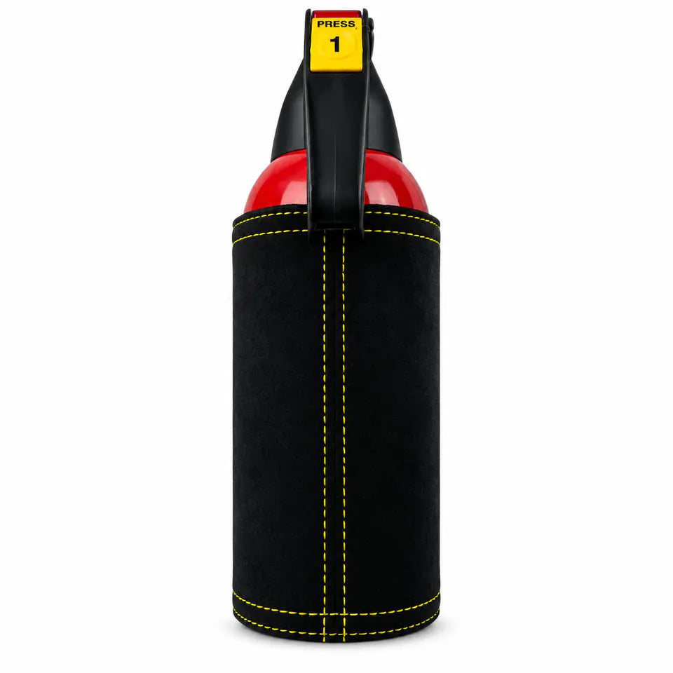 Black Alcantara fire extinguisher cover with yellow stitching